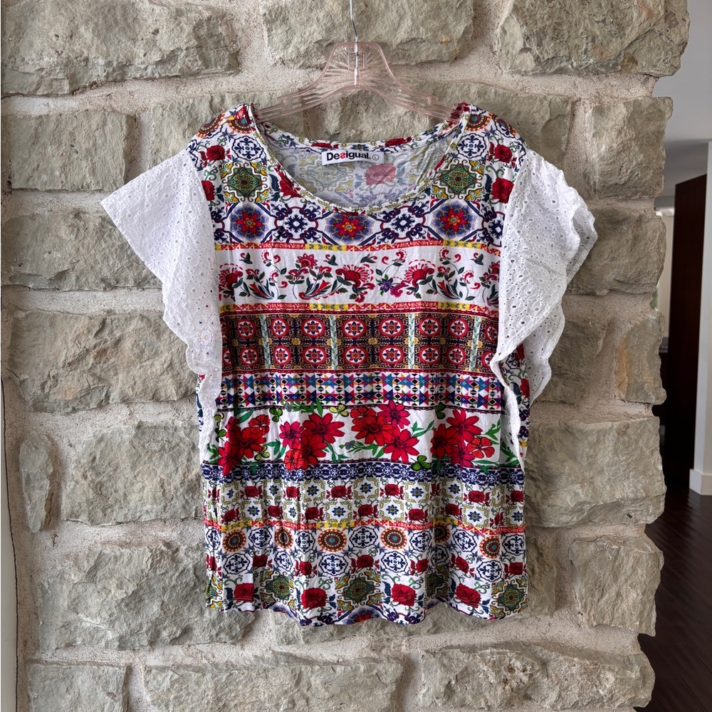 Desigual Eyelet Flutter Sleeve T Shirt